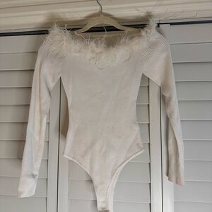 Altar'd State Cream Off-Shoulder Bodysuit with Feather Detail